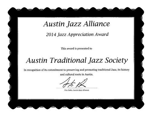 Austin Jazz Alliance Award Certificate